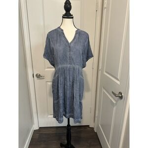 Hudson Gray Button Front Dress L Blue Gray Rayon Midi Short Sleeve‎ Boho Crinkle